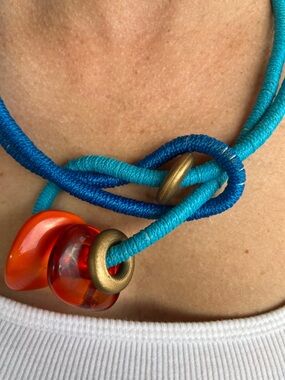 Turquoise & Blue Cord Necklace with Amber Glass Accent